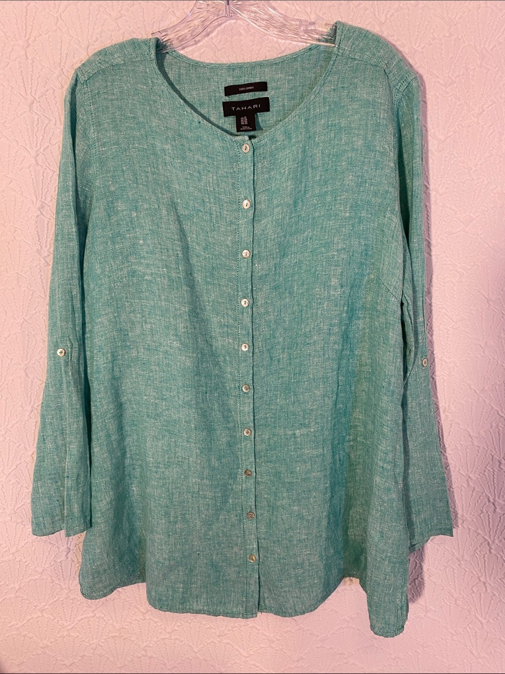 Tahari Teal Button-Down 100 % Linen  Tunic size 1X
